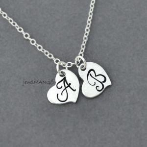 Dainty Two Hearts Initial Necklace , Two Heart,..