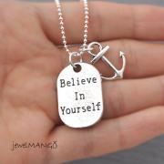 Believe in Yourself, Long Necklace, Modern, Minimalist, self esteem, dog tag jewelry, Nautical jewelry, ball chain, motivation, anchor, long