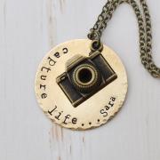 Personalized initial camera necklace, Capture Life, long necklace, photographer, monogram, hand stamped, custom necklace Bronze