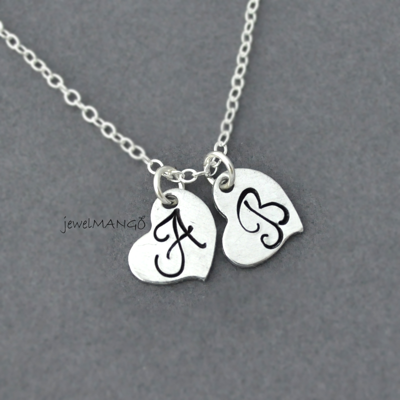 Dainty Two Hearts Initial Necklace , Two Heart, Double Heart Necklace, Love Necklace, Heart Pendant, Initial Necklace, Monogram, Cursive