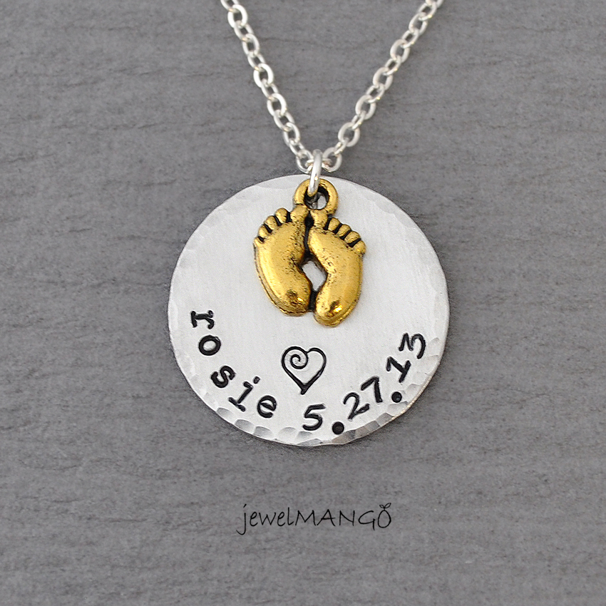 Keepsake Baby Name Birth Necklace Hand Stamped Baby Necklace, Mommy Necklaces, Mother Keepsake, Perfect For Mom, Golden Baby Feet, Heart
