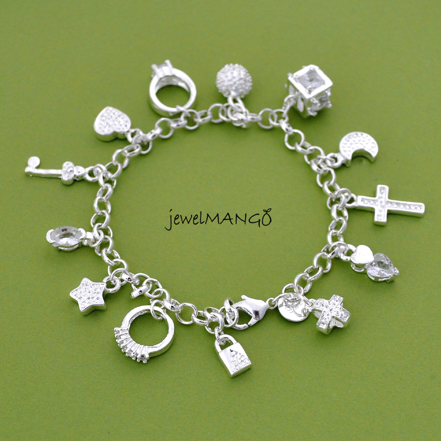 Silver Charm Bracelet, Cross, Ring, Star, Key, Moon, Lock, Ball, Silver Charm Jewelry,