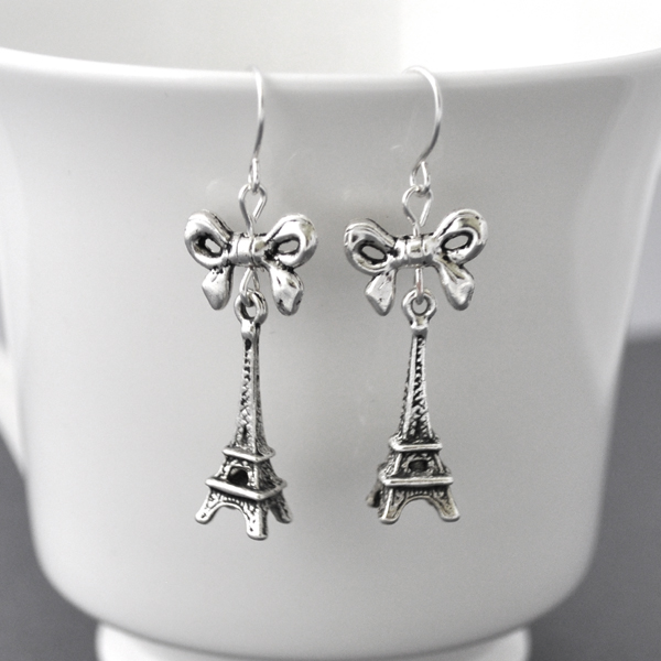 Antique Silver Eiffel Tower Earrings, Paris Inspiration, Bow, Ribbon