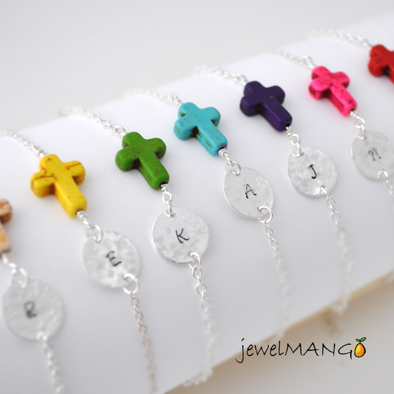 colorful cross initial bracelet , Turquoise bracelet , monogram, cross jewelry, horizontal cross, choose your color, bff. best friends