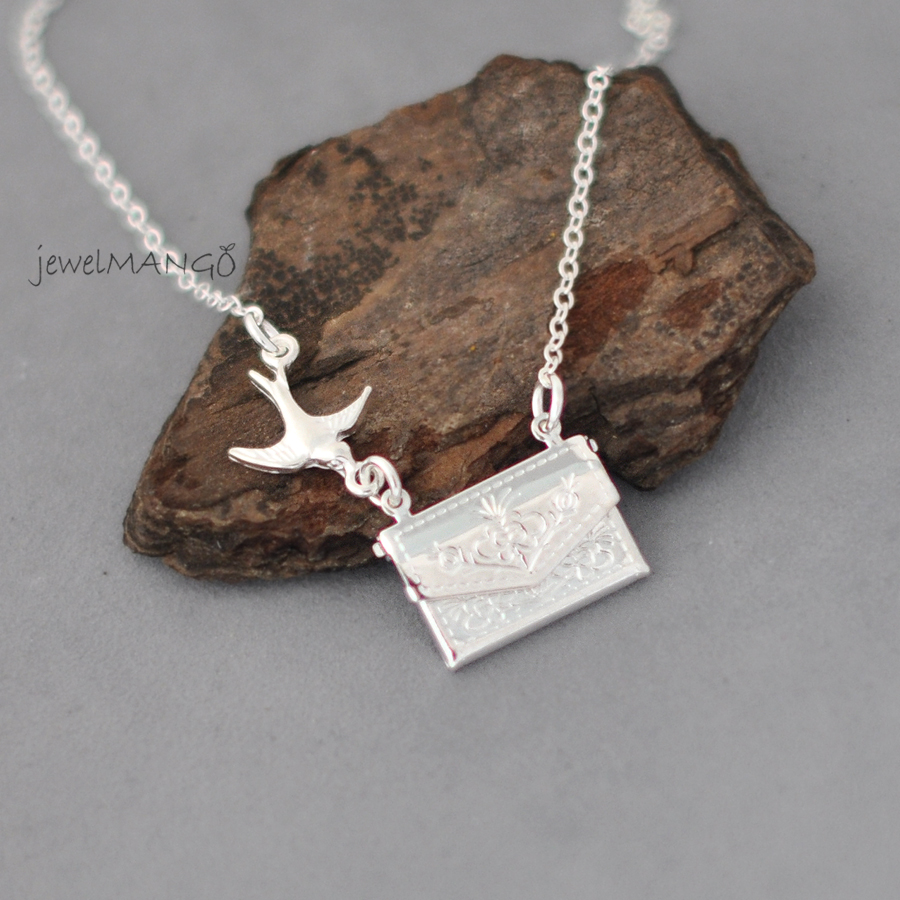 A Secret Message In An Envelope, Silver Envelope Necklace, Bird With Envelope Necklace, Silver Bird Charm, Shiny Silver Charms, Love Letter