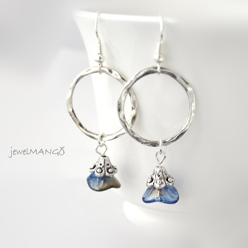 blue Sapphire Flower silver Hoop Earrings dangle earrings Three Petal Sapphire Flower