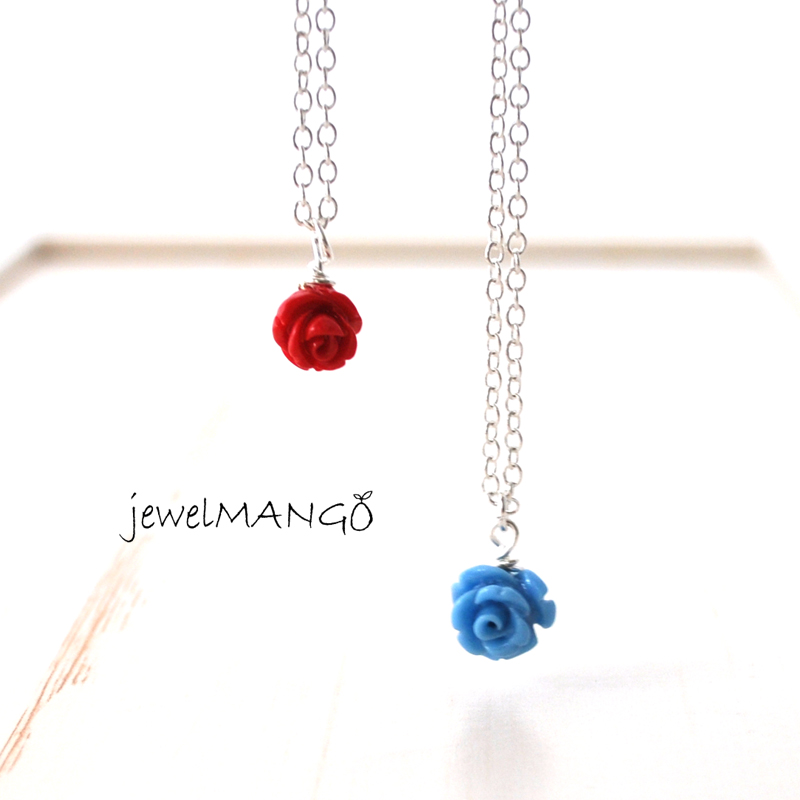 Flower Necklace Vintage Style Jewelry Skyblue, Red, Garden Rose Charm, Small Flower, Rose Charm Necklace