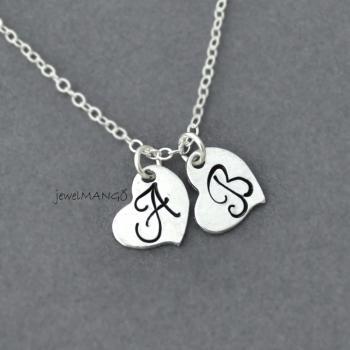 Dainty Two Hearts Initial Necklace , two heart, double heart necklace, love necklace, heart pendant, initial necklace, monogram, cursive